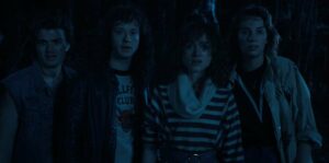 Steve (Joe Keery), Eddie (Joseph Quinn), Nancy (Natalia Dyer) and Robin (Maya Hawke).