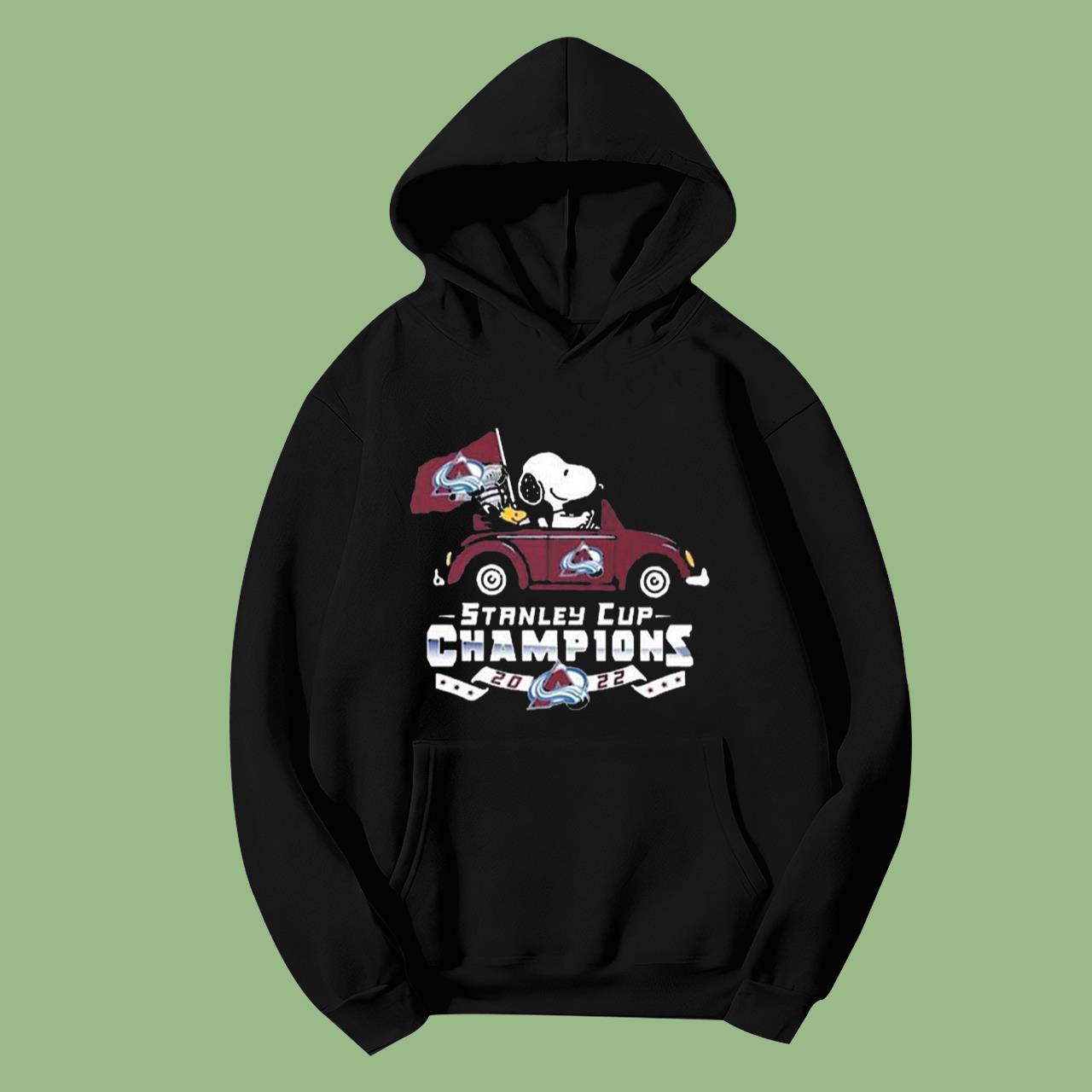Snoopy And Woodstock Riding Car Colorado Avalanche 2022 Stanley Cup Champions Shirt