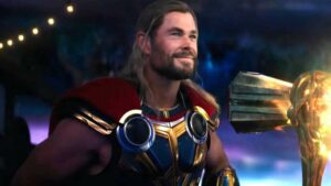 Thor smiles contentedly Thor love and thunder set photos