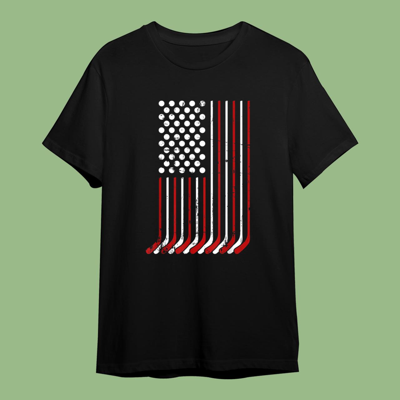 Patriotic US American Hockey Sticks And Stars Stripes Flag T-Shirt