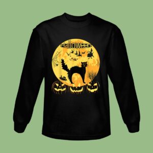 Black Scary Cat with Lighted Eyes Halloween Sweatshirt