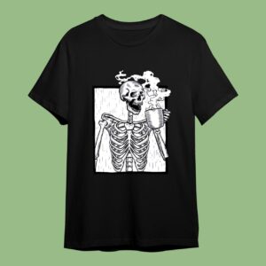 Halloween Coffee Drinking Skeleton Skull T-Shirt