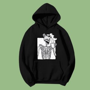 Halloween Coffee Drinking Skeleton Skull Hoodie