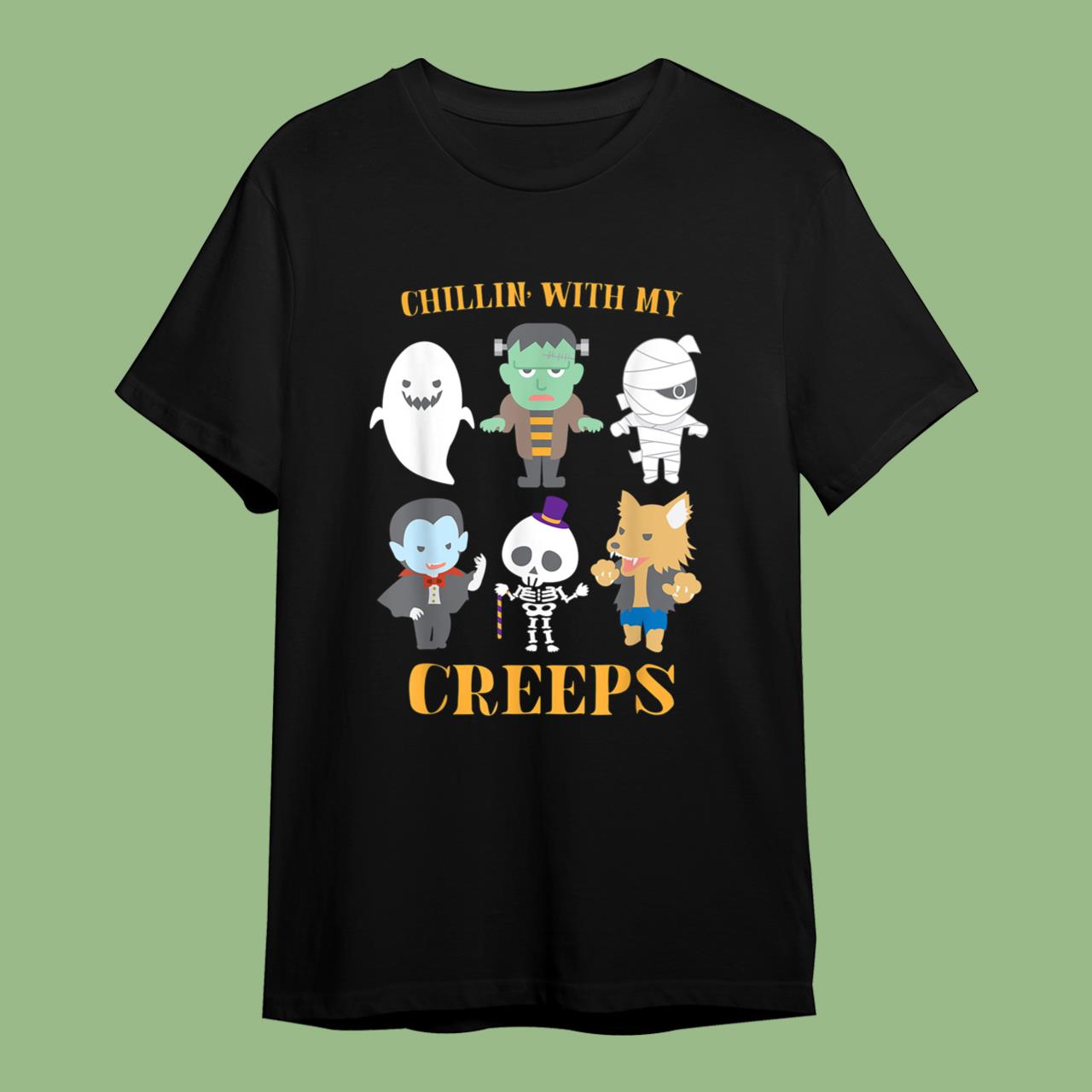 Chillin With My Creeps Funny Halloween Skeleton Ghost Shirt
