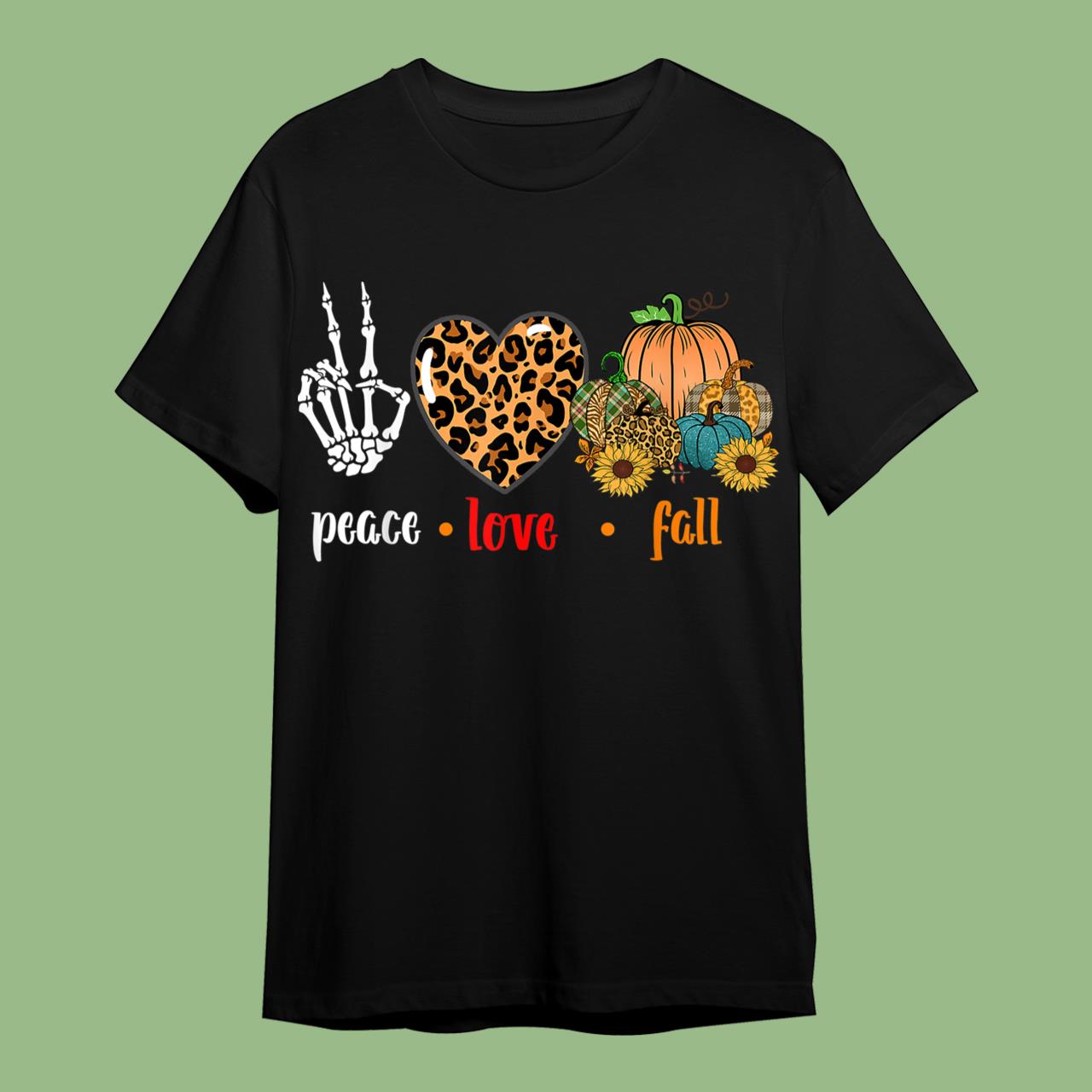 Peace Love Fall Leopard Pumpkin Halloween Sunflower T-Shirt