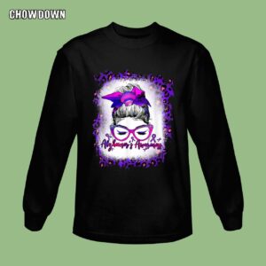 Alzheimer Shirts Bleached Womens Messy Bun Ribbon Purple Alzheimers Awareness Sweatshirt