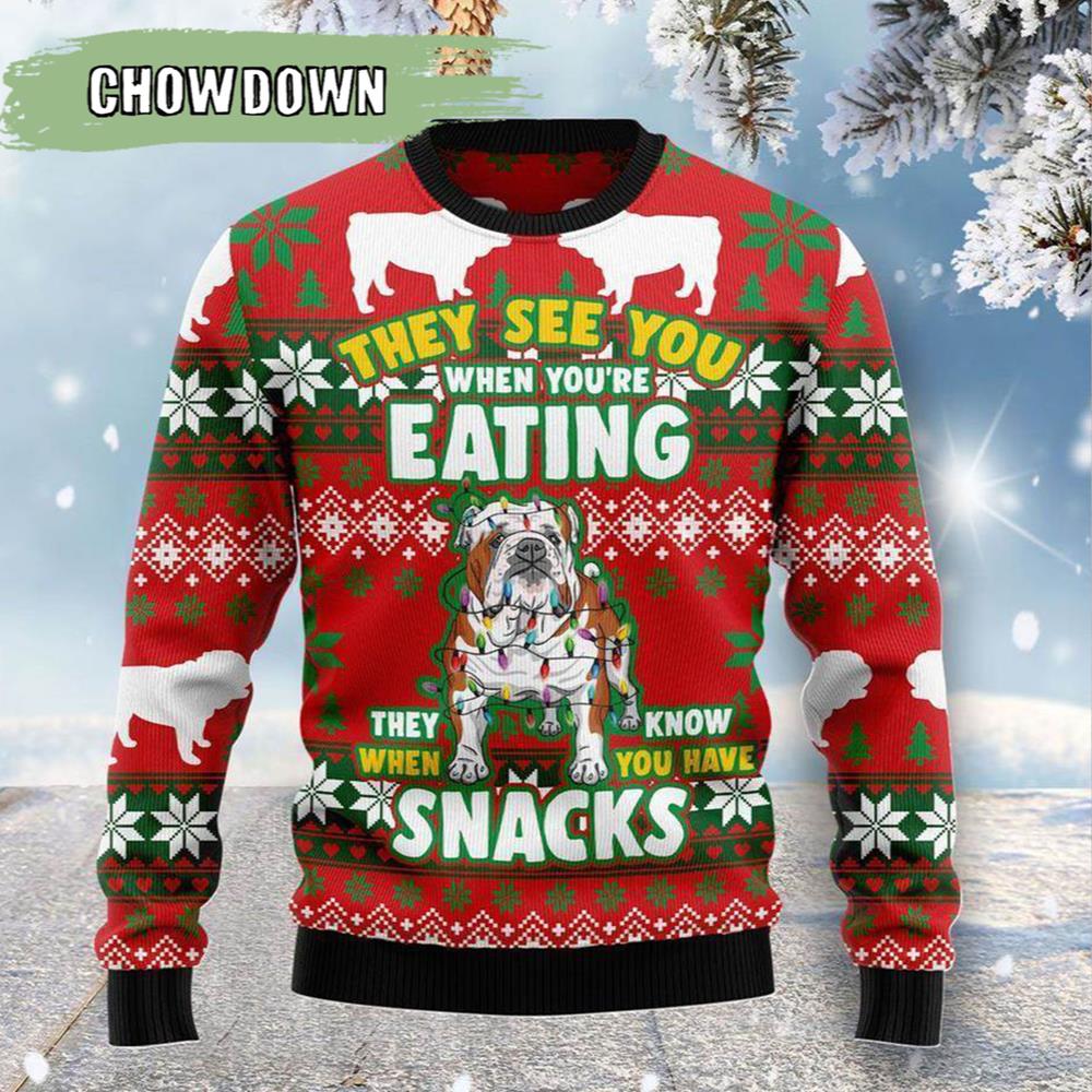 Bulldog Snacks Dog Ugly Christmas Sweater- Christmas Gifts 2023