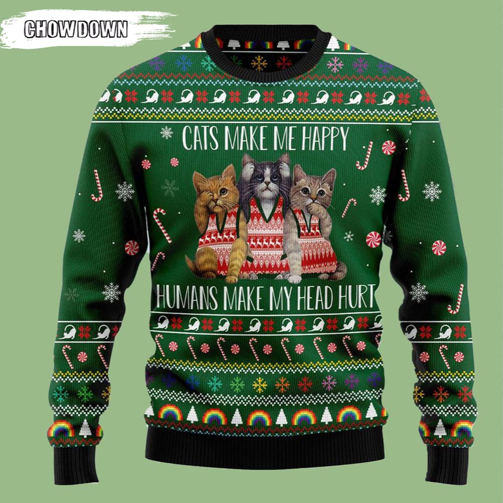 Cats Make Me Happy Cat Ugly Christmas Sweater- Christmas Gifts 2023