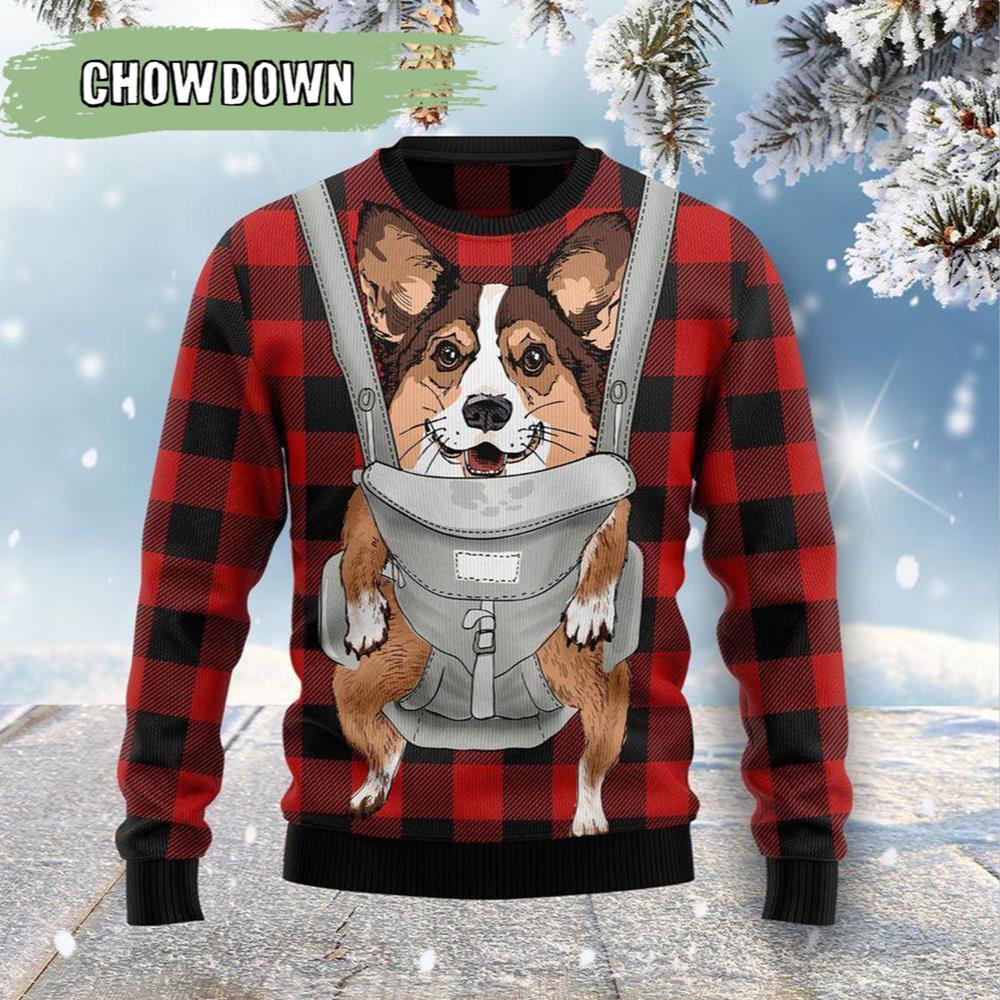 Front Carrier Dog Pembroke Welsh Corgi Dog Ugly Christmas Sweater- Christmas Gifts 2023