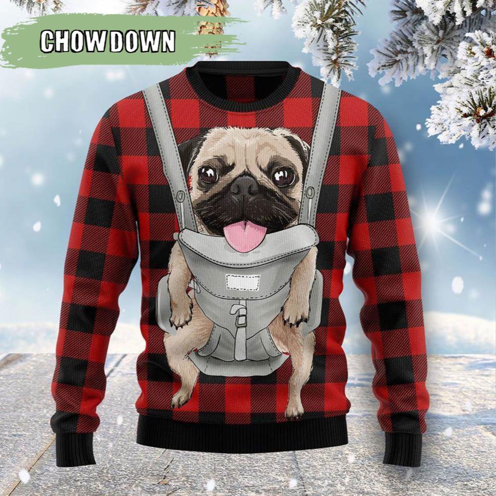 Front Carrier Dog Pug Dog Ugly Christmas Sweater- Christmas Gifts 2023