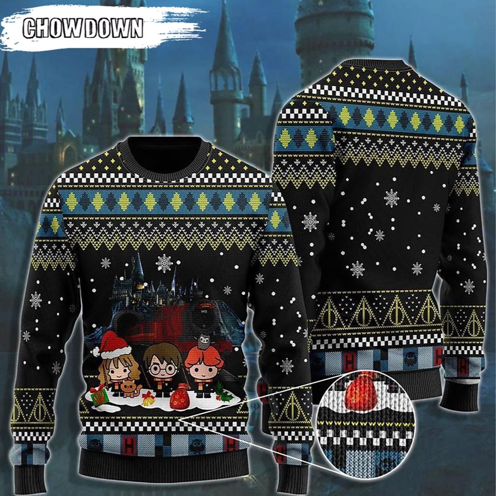 Harry Potter Ron Hermione Friend Cartoon Harry Potter Ugly Christmas Sweater- Christmas Gifts 2023