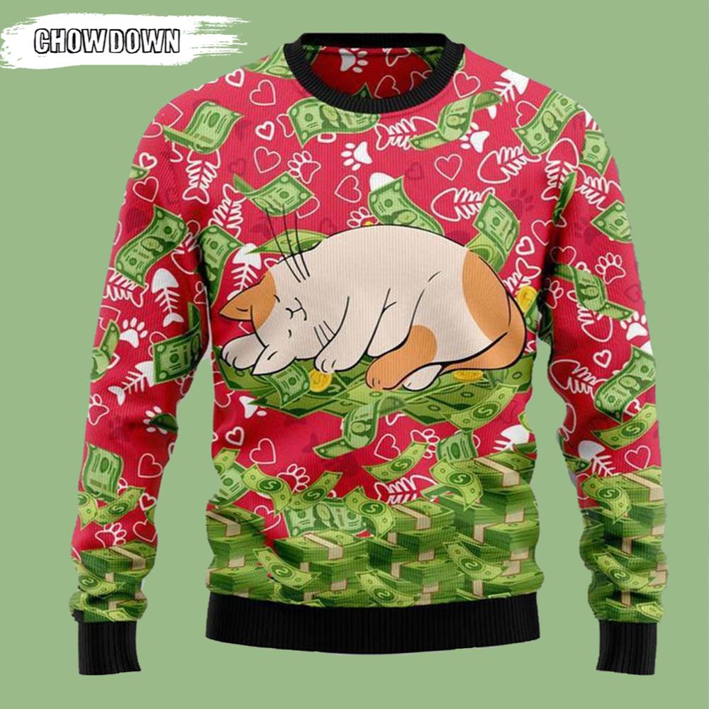Lazy Cat And Dollar Cat Ugly Christmas Sweater- Christmas Gifts 2023