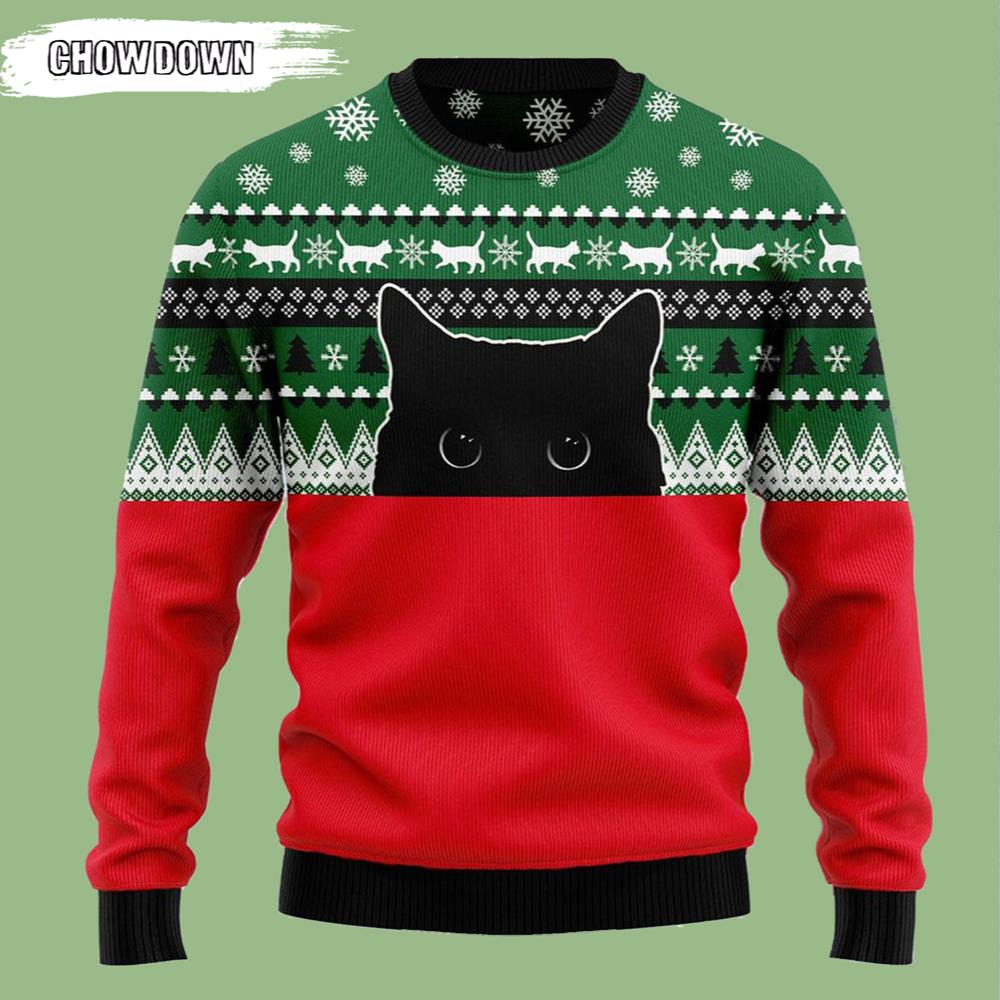 Meow Meow Hide Black Cat Ugly Christmas Sweater- Christmas Gifts 2023