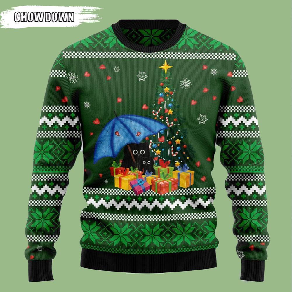 Rain With Love Black Cat Ugly Christmas Sweater- Christmas Gifts 2023