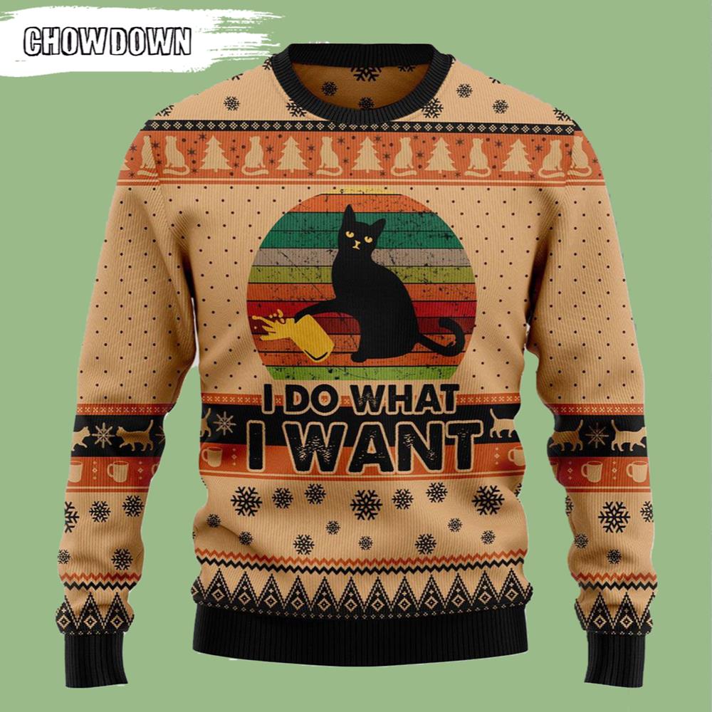 Vintage I Do What A Want Black Cat Ugly Christmas Sweater- Christmas Gifts 2023